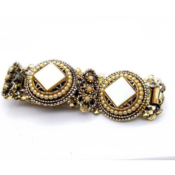 Mother of Pearl Medallion Link Bracelet, MCM Statement Bangle with Faux Seed Pea - Picture 2 of 8